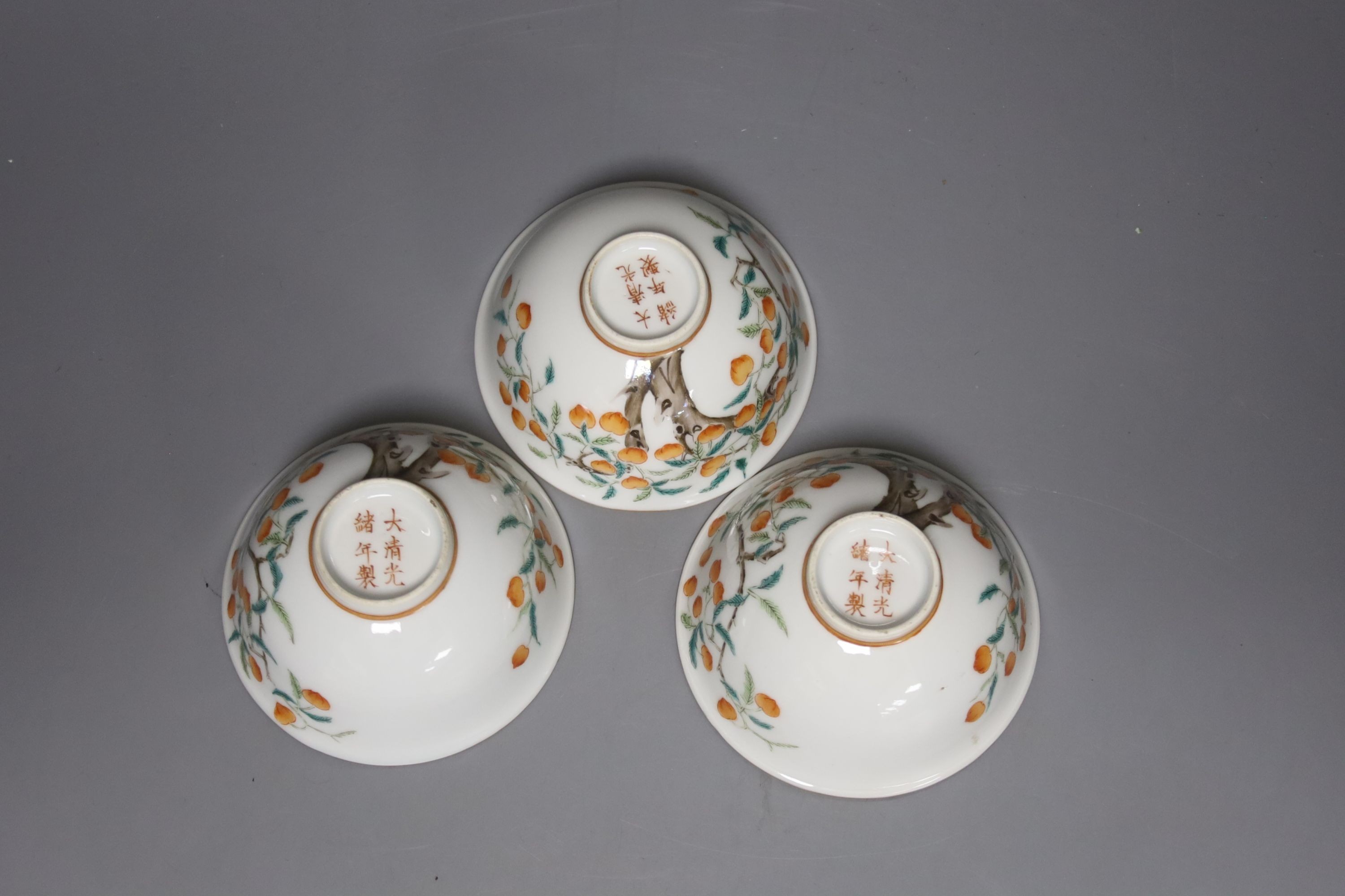 A set of three Chinese 'peach' tree bowls, diameter 9.5cm